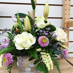 Fresh Flower arrangement in Tin Container